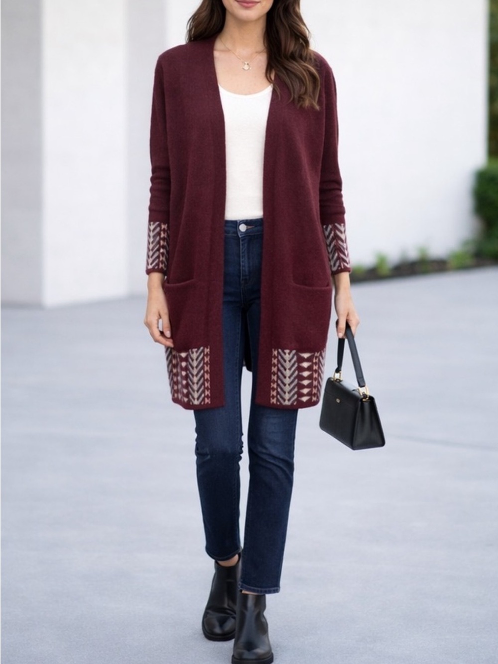 NWT Frye small cardigan Open-Front sweater Patterned Trim pockets burgundy red